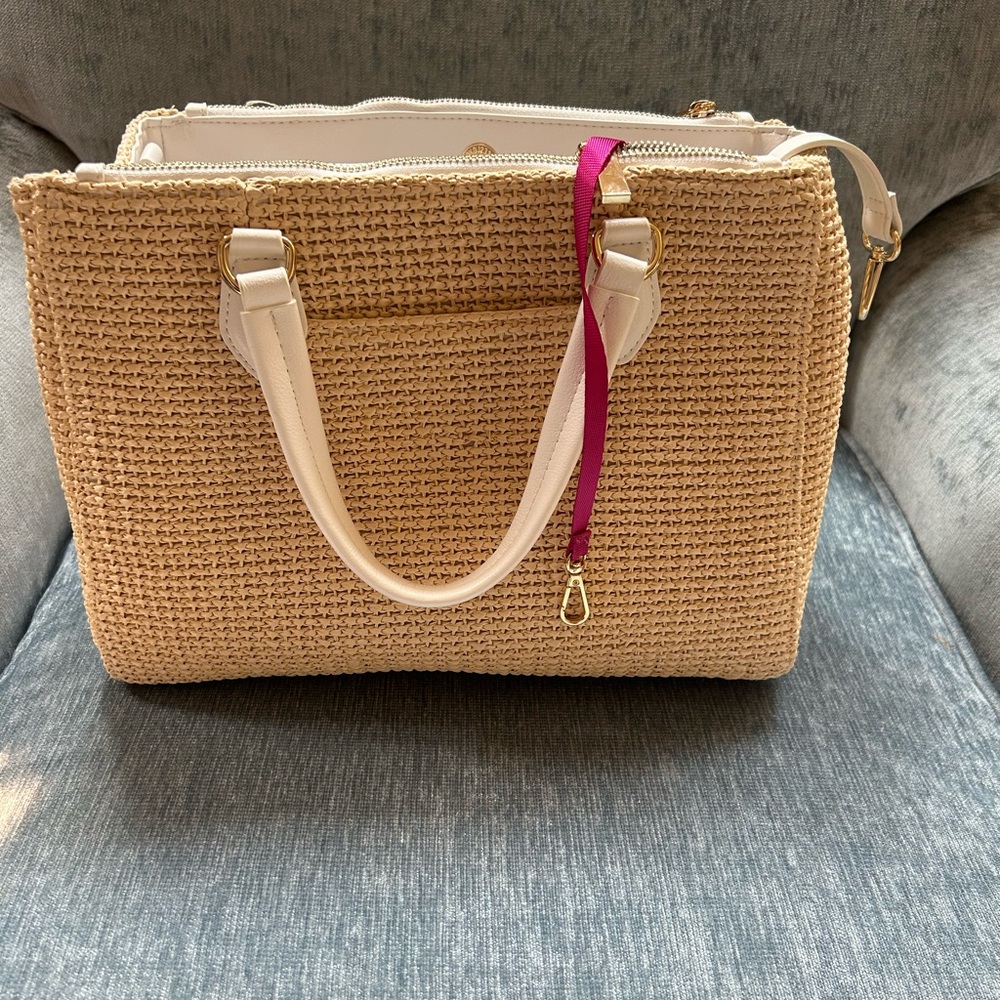 Chic Beige Woven Tote Bag with White Accents